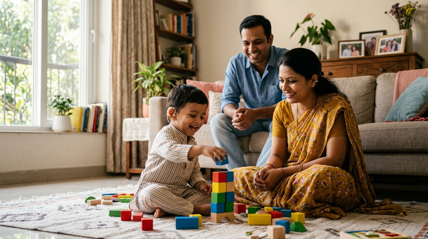Child with a hearing aid playing—early detection supports speech and learning