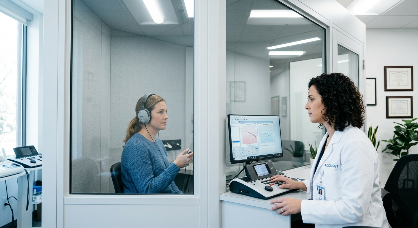 Audiologist performing a hearing test with the patient in a sound booth