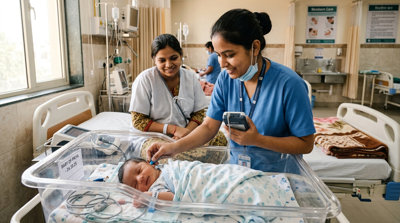 Nurse performing a newborn hearing screening with a handheld OAE/AABR device on a sleeping baby in a hospital bassinet, with mother seated beside