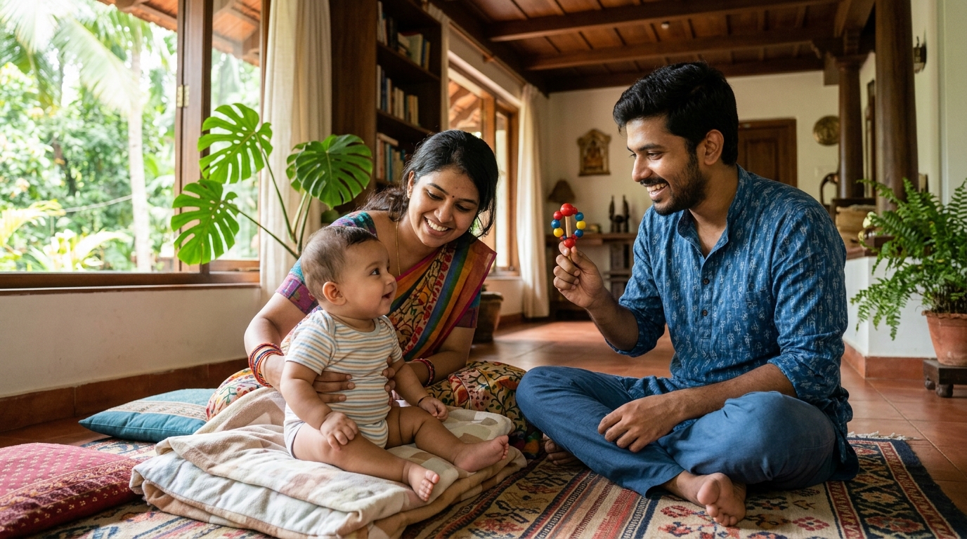 A young couple at home in Kerala playing with their baby using a colourful toy—the everyday setting where most hearing observations are first made