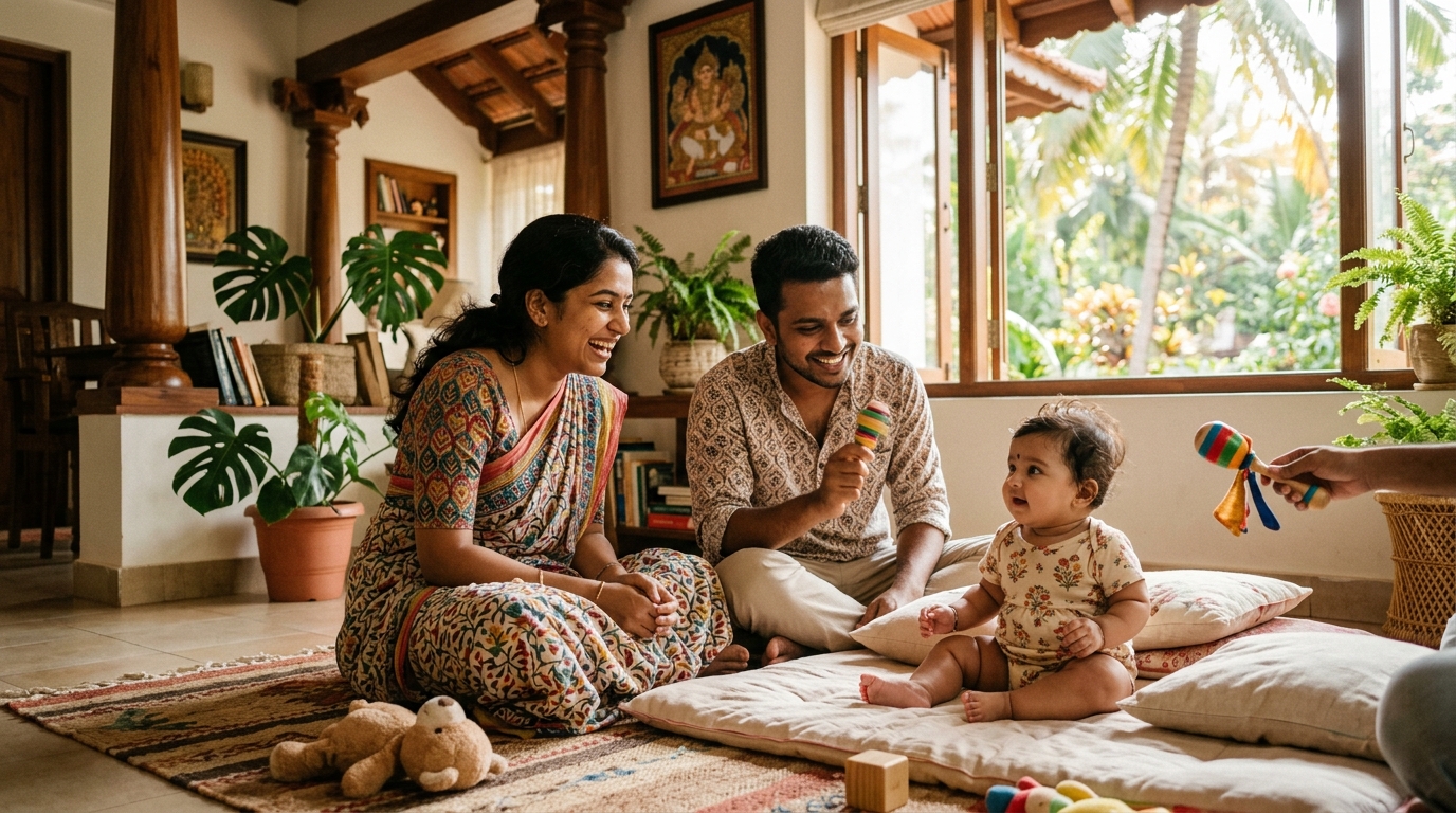 Parents at home in Kerala engaging their baby with a colourful rattle, observing how the infant turns and responds to sound