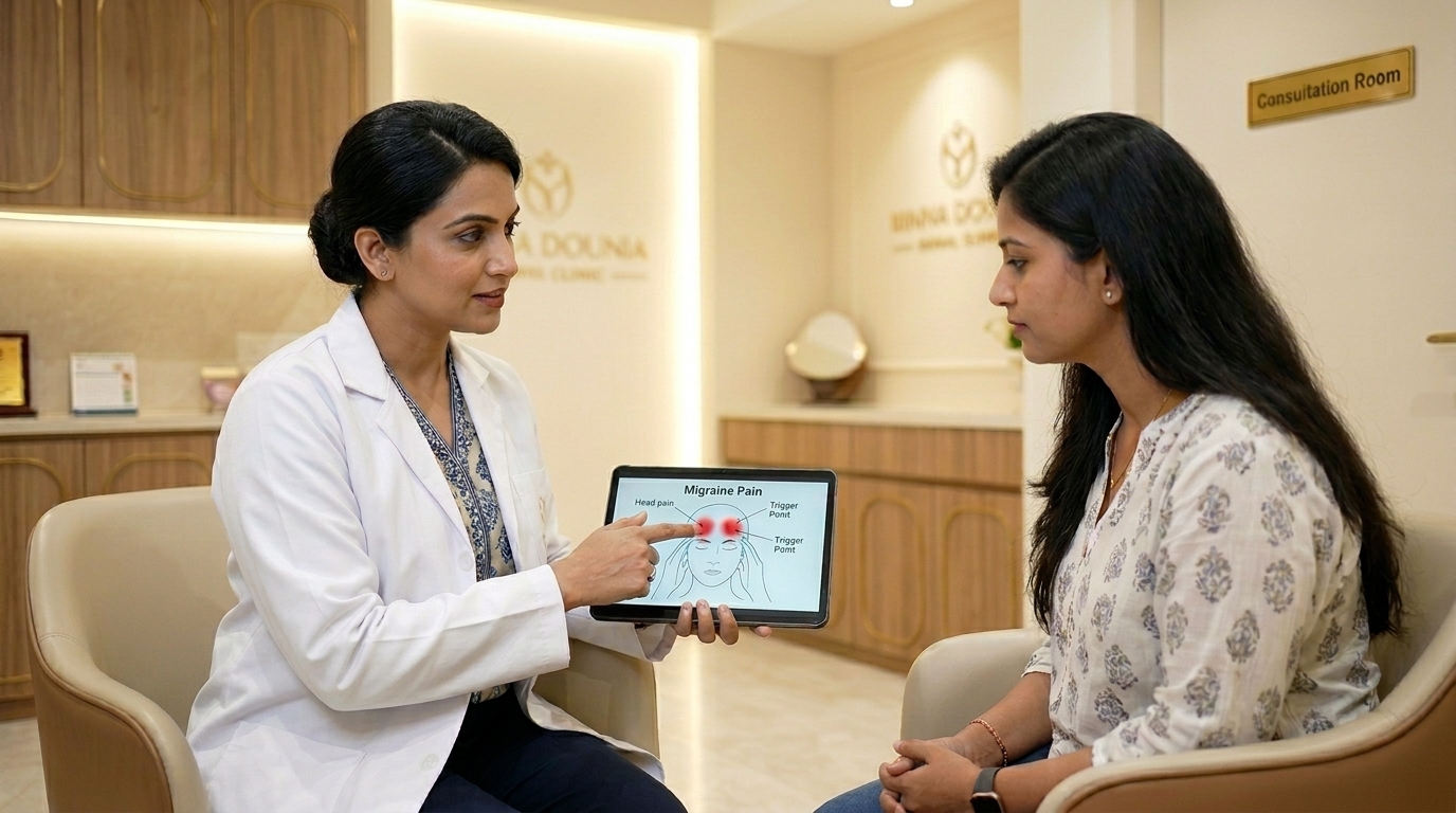 Doctor explaining migraine mechanisms to a patient at Dr Joel's Clear ENT Clinic in Thiruvananthapuram
