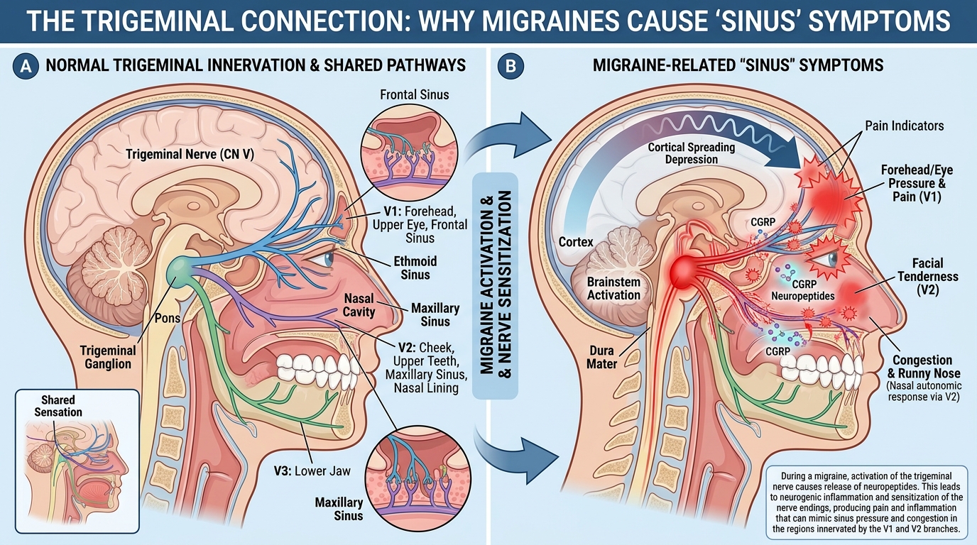 Trigeminal nerve anatomy—relevant to migraine pathways affecting face, head, and sensory processing
