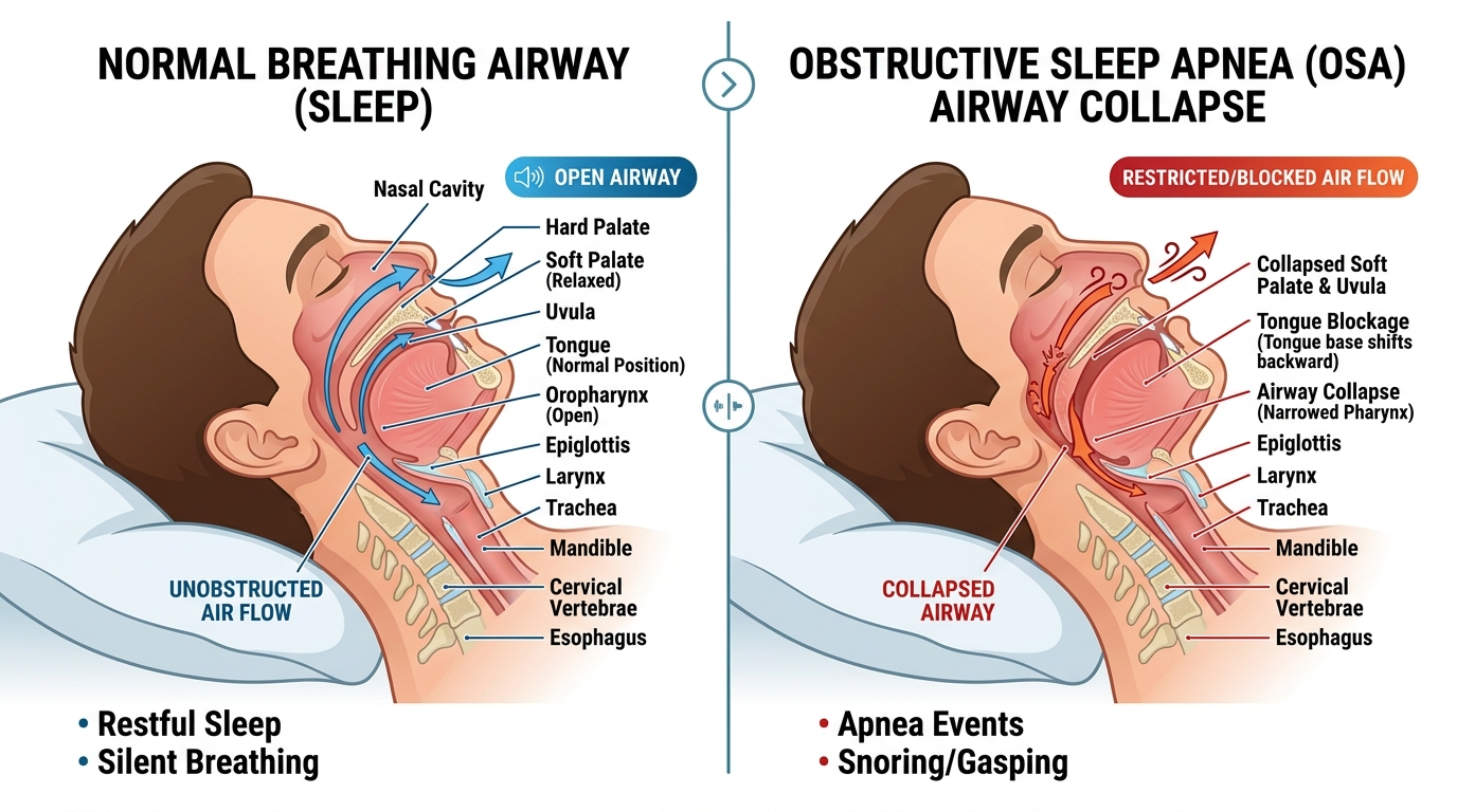 Normal breathing airway during sleep compared with airway collapse in obstructive sleep apnea (OSA)