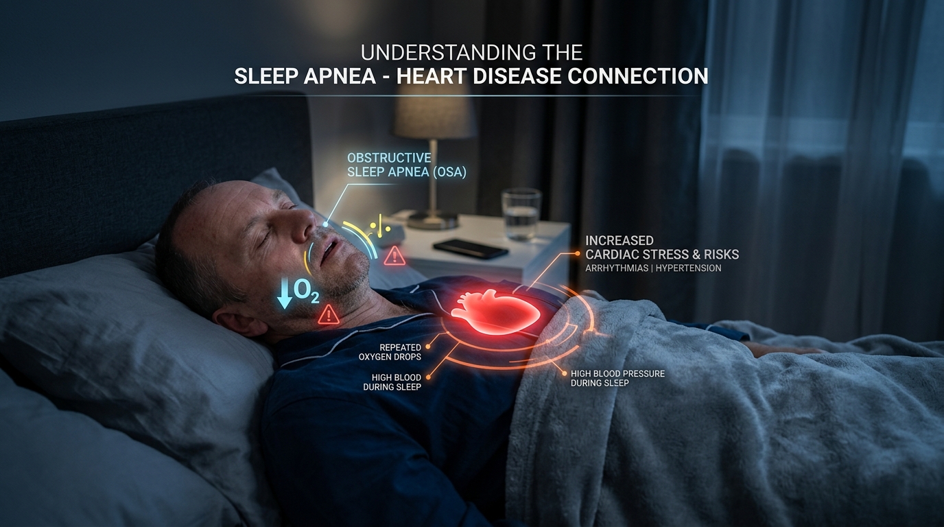 Sleep apnea and heart disease connection: repeated oxygen drops and high blood pressure during sleep increasing cardiac stress, arrhythmias, and hypertension
