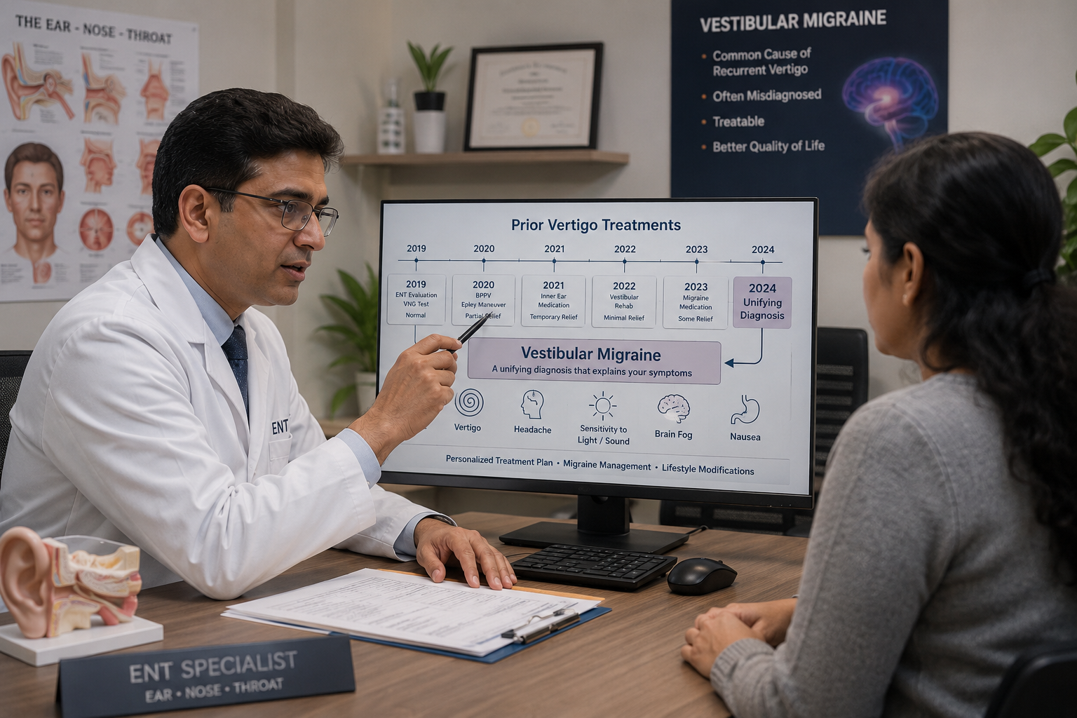ENT specialist explaining vertigo and balance symptoms to a patient during consultation