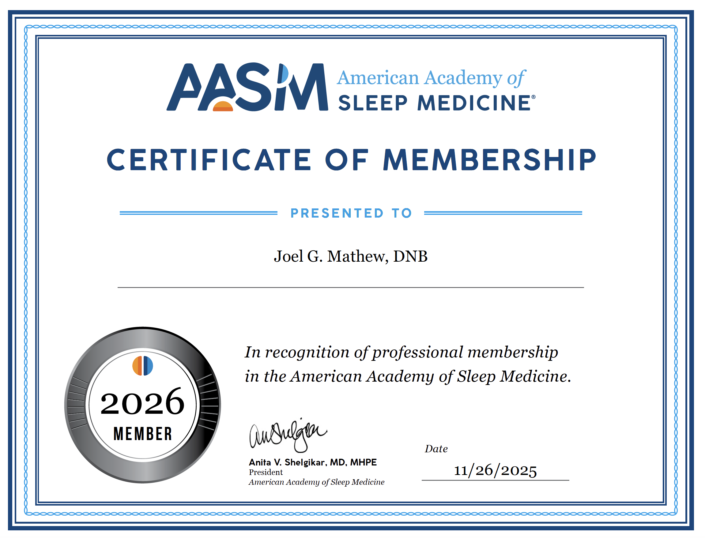 Certificate of Membership American Academy of Sleep Medicine